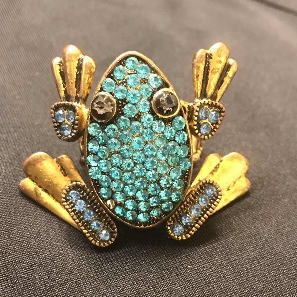 Blue/green Rhinestone Frog Stretch Ring Vintage 80’s